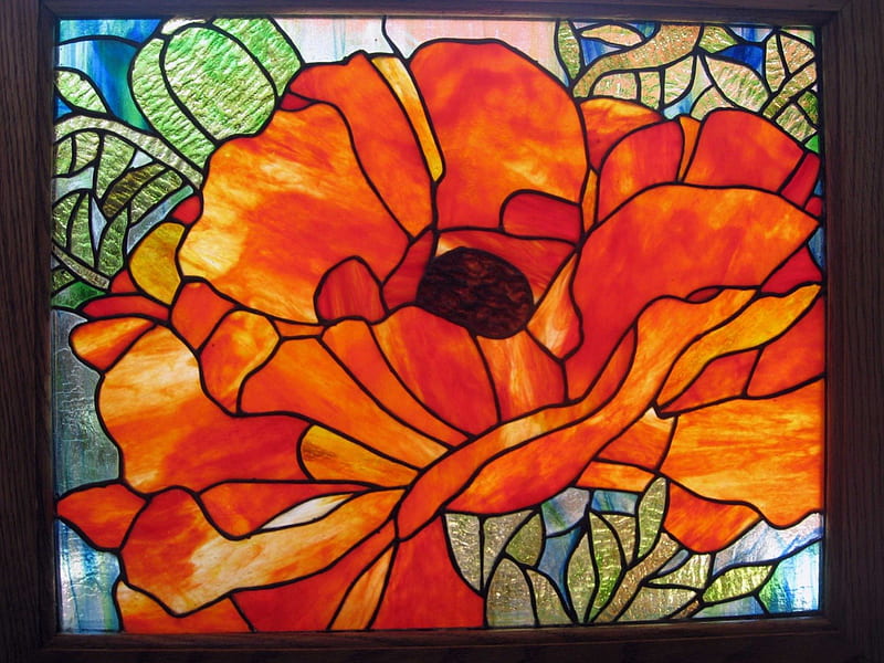 Stained Glass Flower, glass, poppy, pretty, orange, stained glass ...