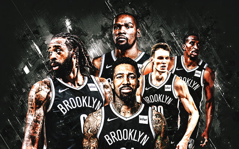 Brooklyn Nets, NBA, american basketball club, gray stone background, basketball, Kevin Durant, Kyrie Irving, Caris LeVert, HD wallpaper