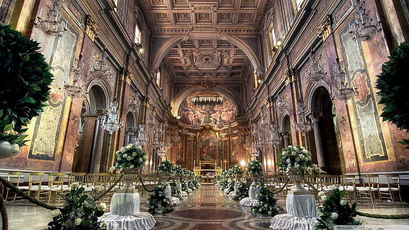 inside a church before a wedding ceremony, plants, interior, chairs, church, wedding, HD wallpaper