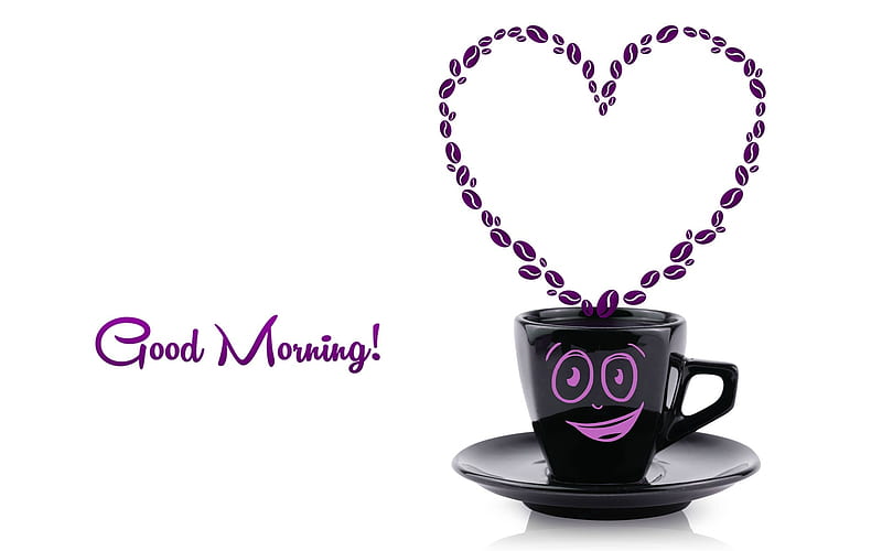 Morning Greetings :), good morning, mouth, saucer, greetings, cup saucer, coffee cup, face, nose, cup and saucer, beans, black, smile, coffee beans, morning greetings, purple, heart, cup, eyes, HD wallpaper