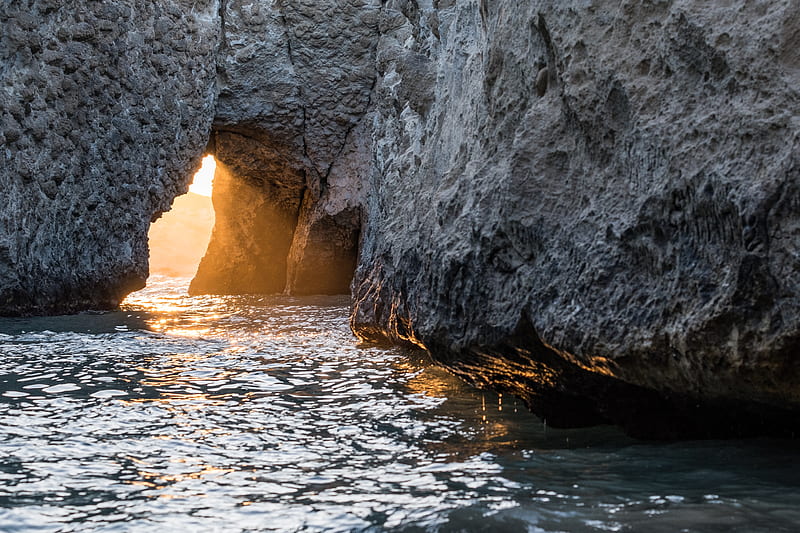 cave, rock, sunlight, water, sea, HD wallpaper