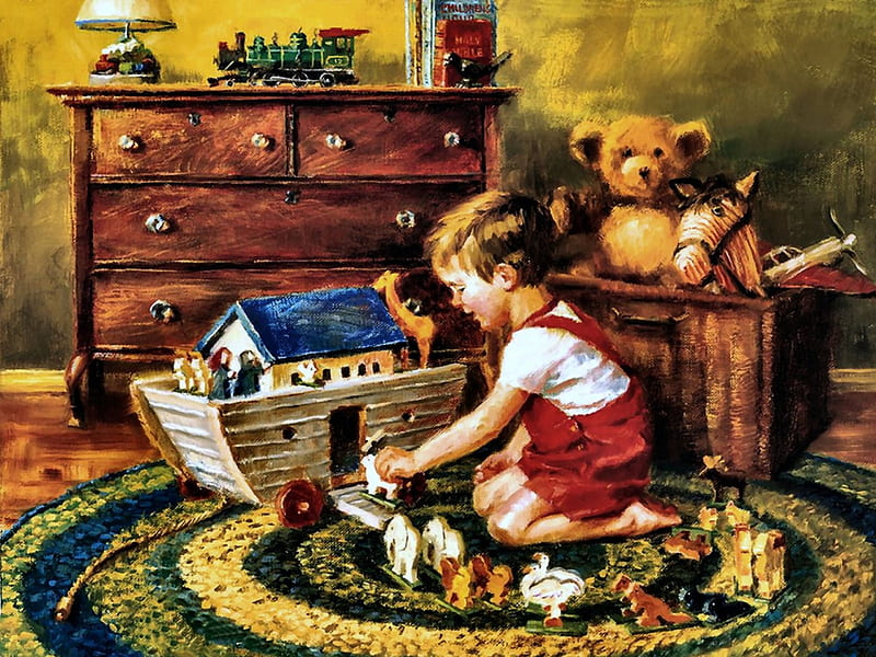 Noah's Ark, little boy, art, bonito, ark, illustration, artwork, painting, wide screen, teddy bear, toys, HD wallpaper