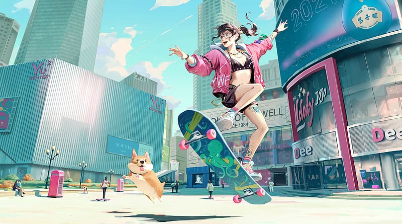 Skyline Anime Girl Skateboard, anime-girl, anime, artist, artwork,  digital-art, HD wallpaper