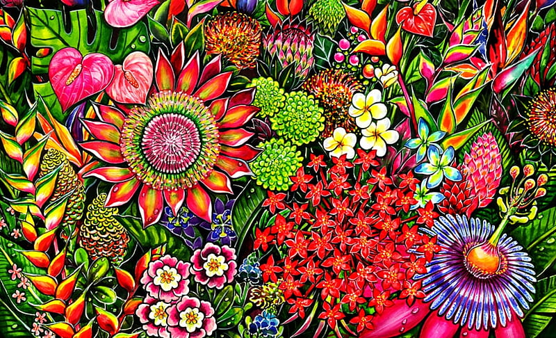 Flowers, pattern, red, colorful, art, green, purple, texture, painting, summer, flower, passion flower, paper, pictura, HD wallpaper