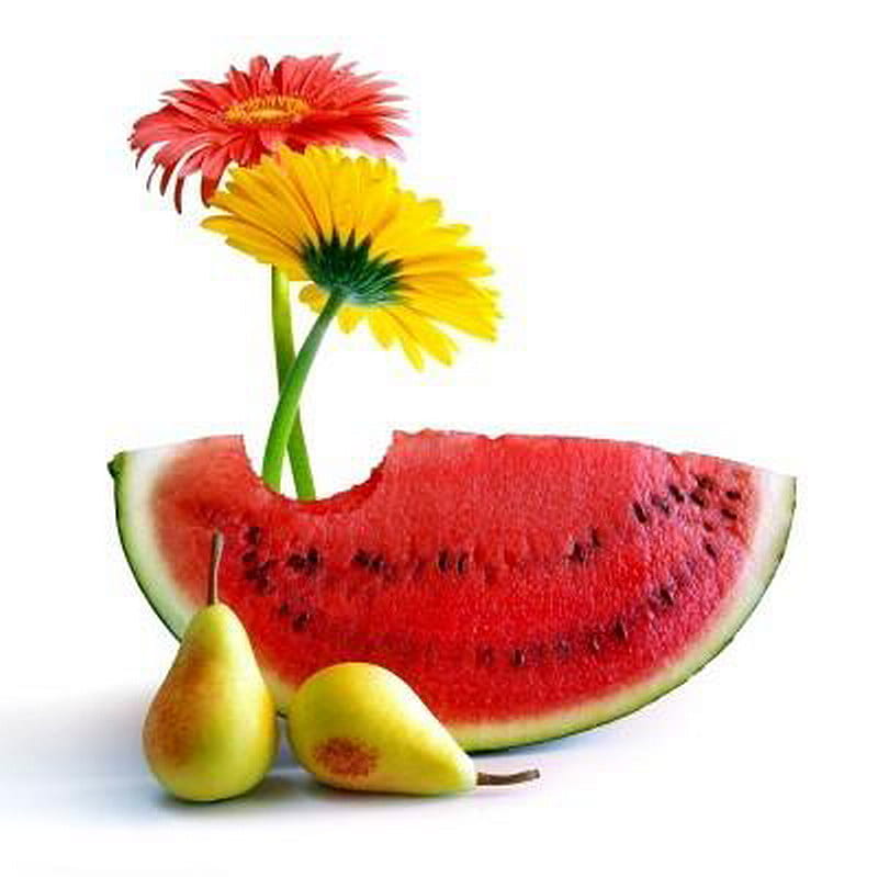 bite, gerber, red, pear, watermelon, summer, yellow, HD wallpaper