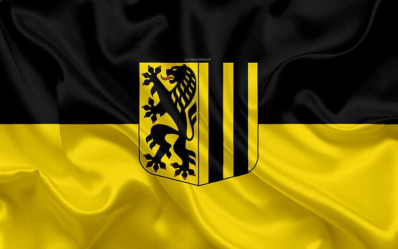 Flag of Dresden silk texture, black silk yellow flag, coat of arms, German city, Dresden, Saxony, Germany, symbols, HD wallpaper