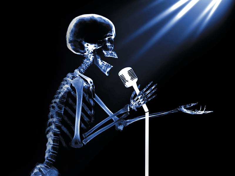 x-ray Stand Up, skeleton, microphone, skull, singing, x-ray, HD wallpaper