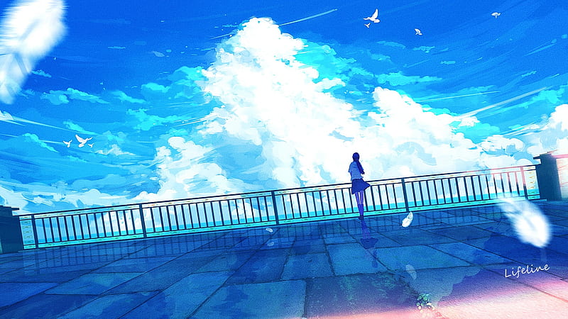 anime landscape, scenery, clouds, anime school girl, back view, Anime, HD wallpaper