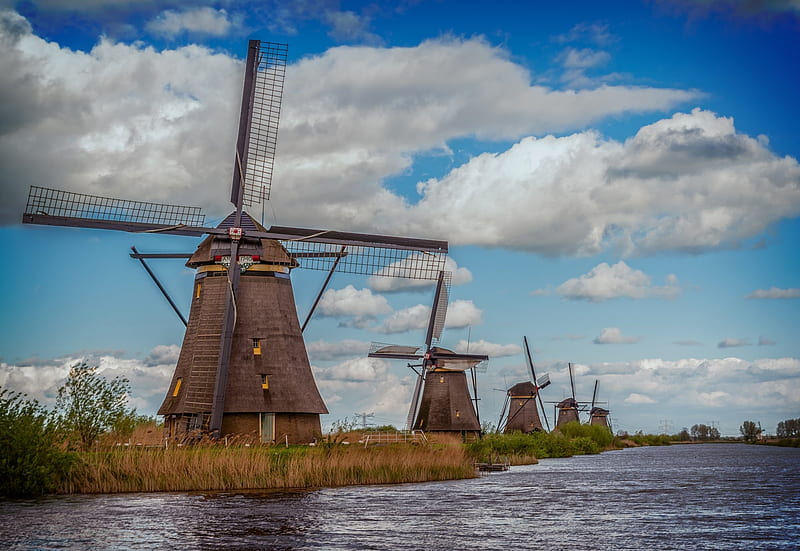 Dutch Windmills in the Netherlands, Sky, Clouds, Landscapes, Dutch Windmills, The Netherlands, Nature, HD wallpaper