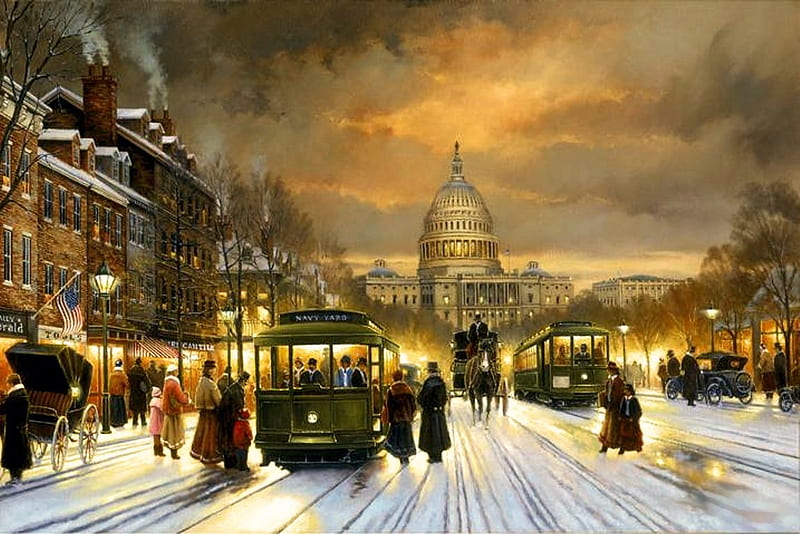 Winter City Life, houses, cart, horse, artwork, tram, snow, people, painting, street, vintage, HD wallpaper
