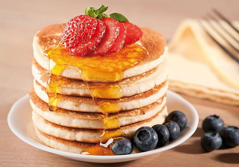 pancakes, strawberry, syrup, blueberry, HD wallpaper