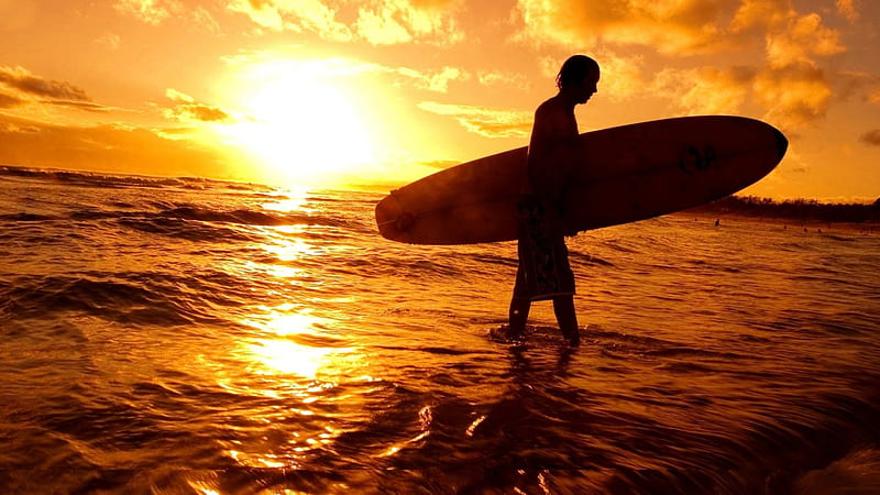 Surfer's Sunset Beach, shore, sun, guy, sea, beach, SkyPhoenixX1, season, sunrise, evening, surfer, vacation, holiday, ocean, sunlight, man, waves, sky, surfing, surfboard, water, sunshine, nature, tropical, coast, HD wallpaper