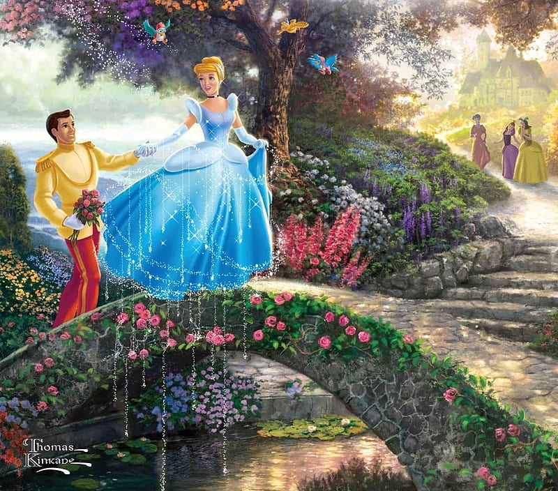 Cinderella and Charming Prince, cinderella, princess, thomas kinkade, blue, art, dress, luminos, detail, girl, bridge, painting, charming prince, couple, HD wallpaper