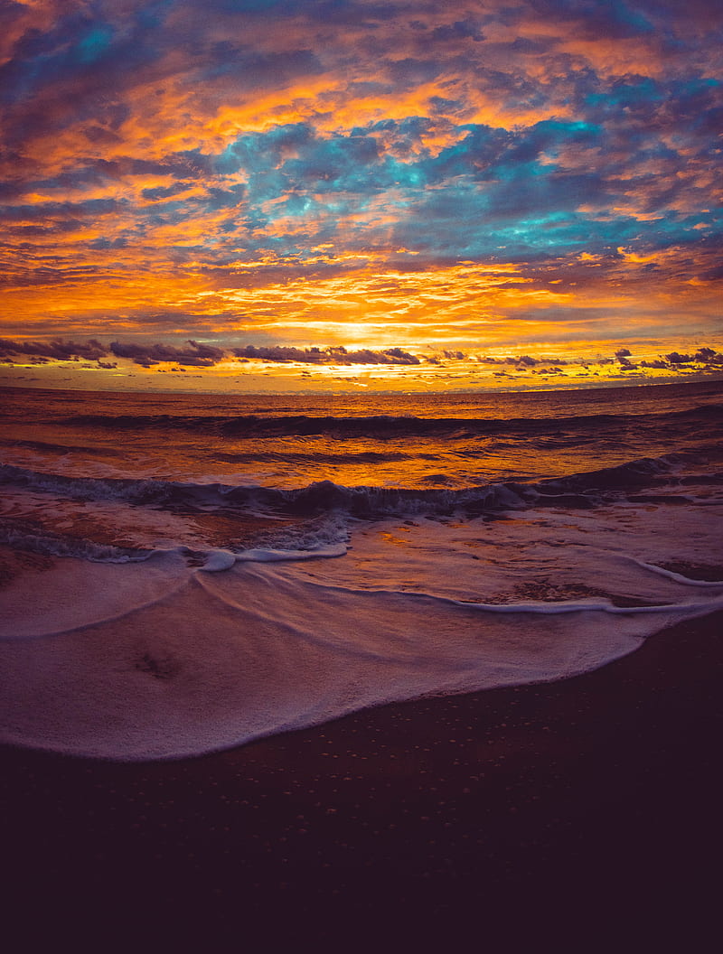 sea, waves, beach, sunset, dusk, HD phone wallpaper