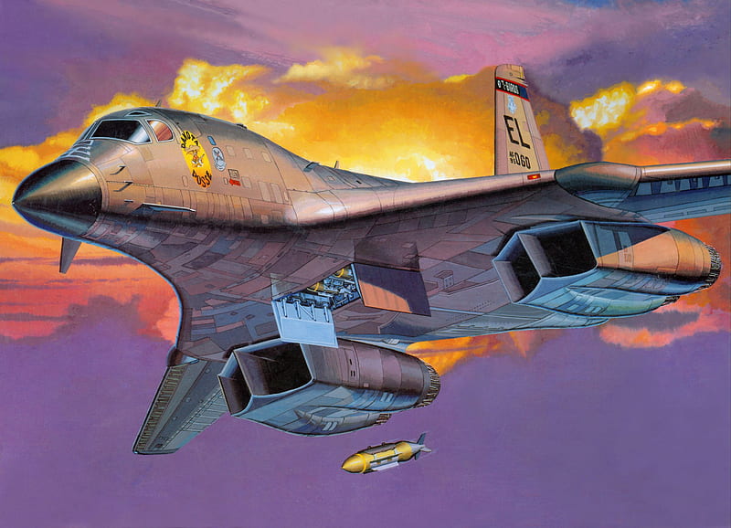 B-1B Lancer, art, b-1b, b1b, airplane, plane, rockwell, drawing, painting, military, bomber, jet, lancer, HD wallpaper