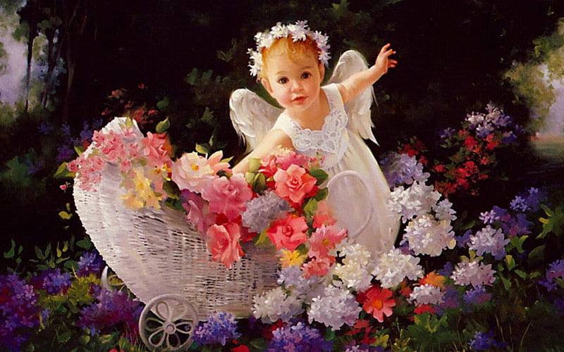 Sweet Little Angel, flowers, cute baby, baby, angel, HD wallpaper