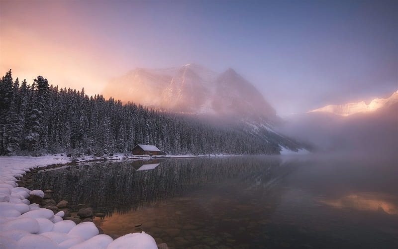 mountain, winter, mountain lake, forest, fog, HD wallpaper