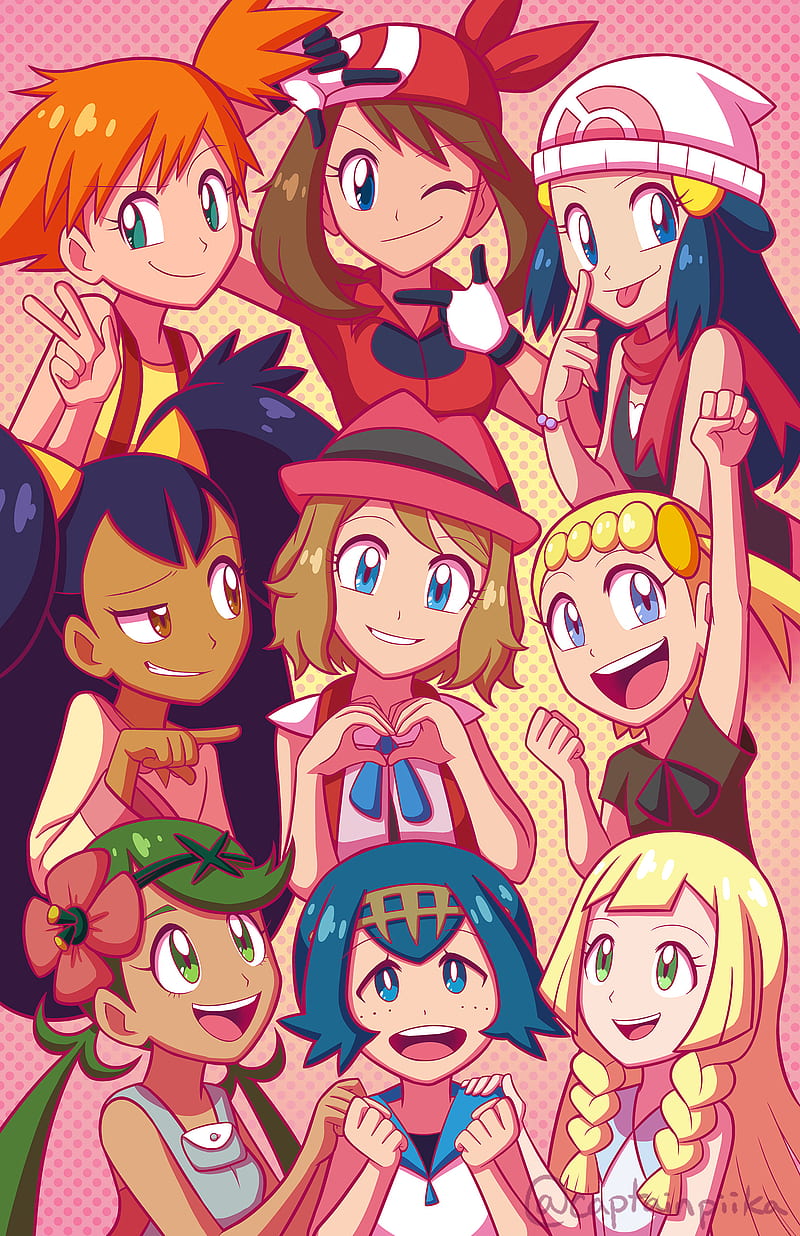 Anime Pokegirls, bonnie, dawn, iris, lana, lillie, mallow, may, misty, pokemon, serena, HD phone wallpaper