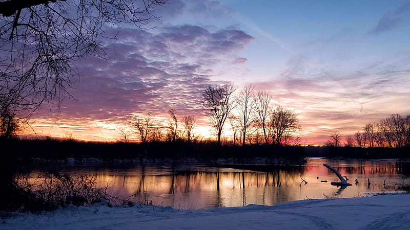 Akron Ohio December 27 2020 sunrise, snow, usa, colors, river, reflections, trees, clouds, sky, HD wallpaper