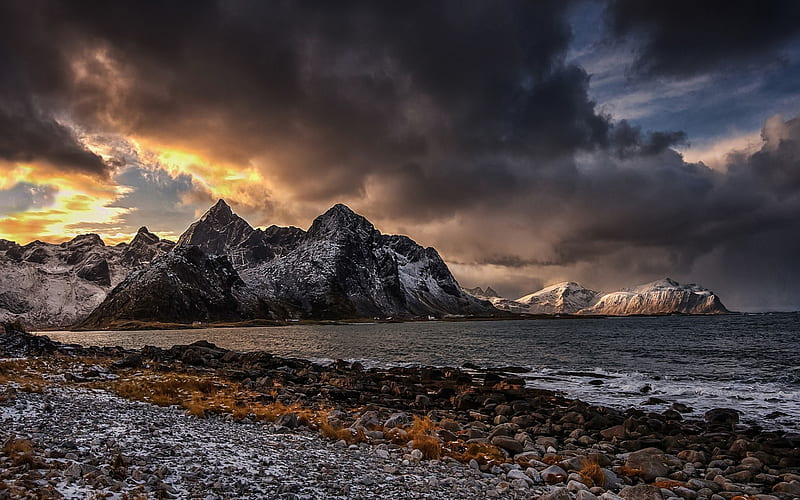 Lofoten, coast, winter, snow, rocks, sea, Norway, HD wallpaper