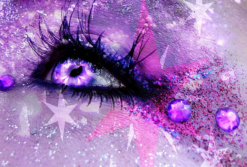 Stars, fantasy, eye, glitter, texture, make-up, pink, star, HD wallpaper
