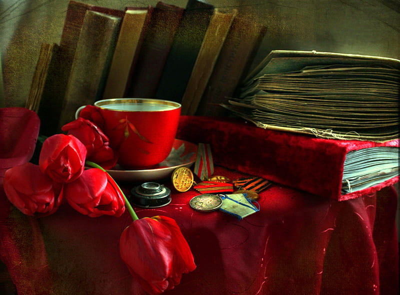 New Among The Old, table, red tablecloth, saucer, books, red tulips, still life, cup, flowers, tulips, medals, HD wallpaper