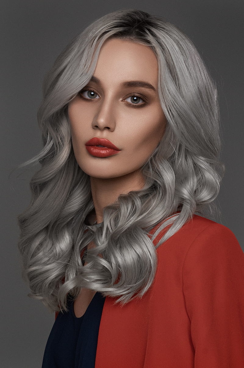 portrait, red lipstick, women, model, Artemy Mostovoy, silver hair, vest, HD phone wallpaper