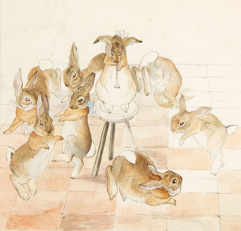 Dancing to the piper, illustration, rabbit, beatrix potter, bunny, piper, fantasy, HD wallpaper
