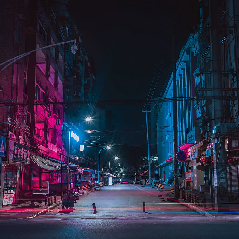 street, night city, neon, buildings ipad pro 12.9 retina for parallax background, HD phone wallpaper