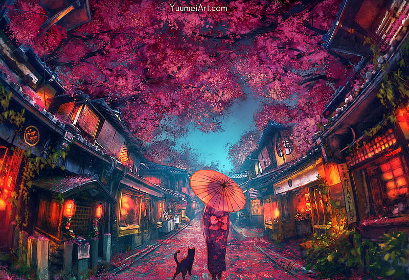 Sakura festival, frumusete, luminos, lantern, orange, umbrella, spring, kimono, cat, fantasy, parasol, primavara, pink, pisici, festival, hitl, blue, sakura, yuumei, HD wallpaper