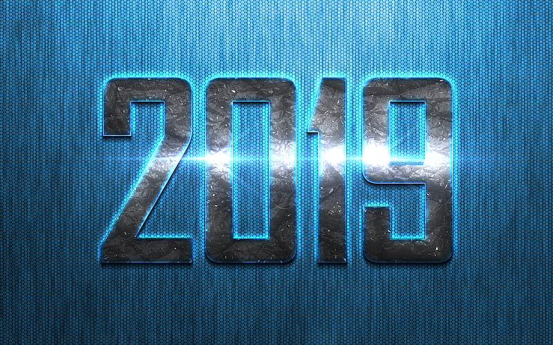 2019 Year, blue creative background, blue metal mesh, Happy New Year, background for greeting cards, art, blue 2019 background, HD wallpaper