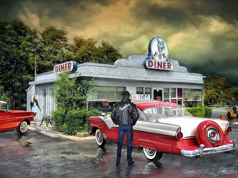 Down at The Fox Diner, carros, fox, usa, america, sky, diner, vintage, HD wallpaper