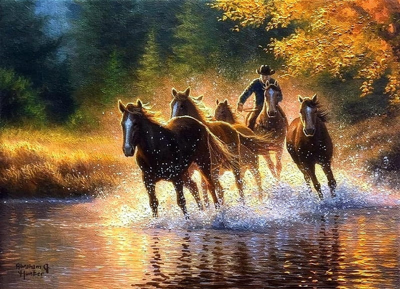 Making Waves, love four seasons, attractions in dreams, waves, horses, runs, paintings, summer, nature, forests, cowboy, rivers, HD wallpaper