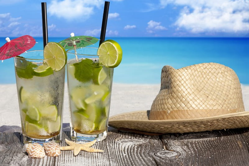 Mojito, beach, cocktail, summer, shells, sea, lime, HD wallpaper