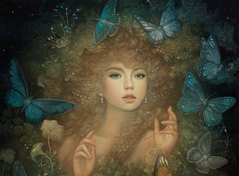 Sad beauty, fantasy, butterfly, luminos, girl, dark, rendering