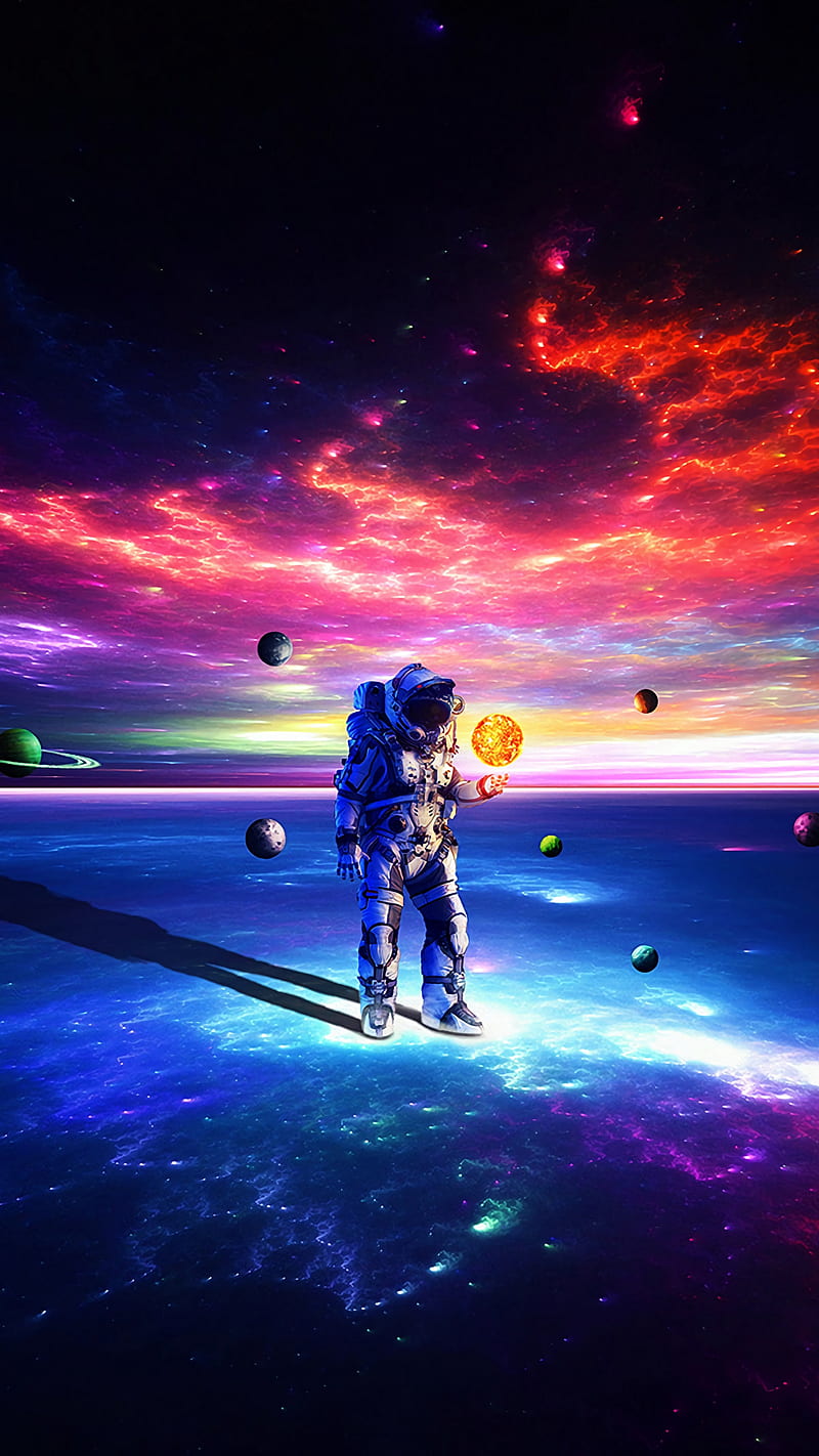 Astronaut in Space , colorful, planets, cosmonaut, universe, multicolor, space suit, man, galaxy, sun, HD phone wallpaper
