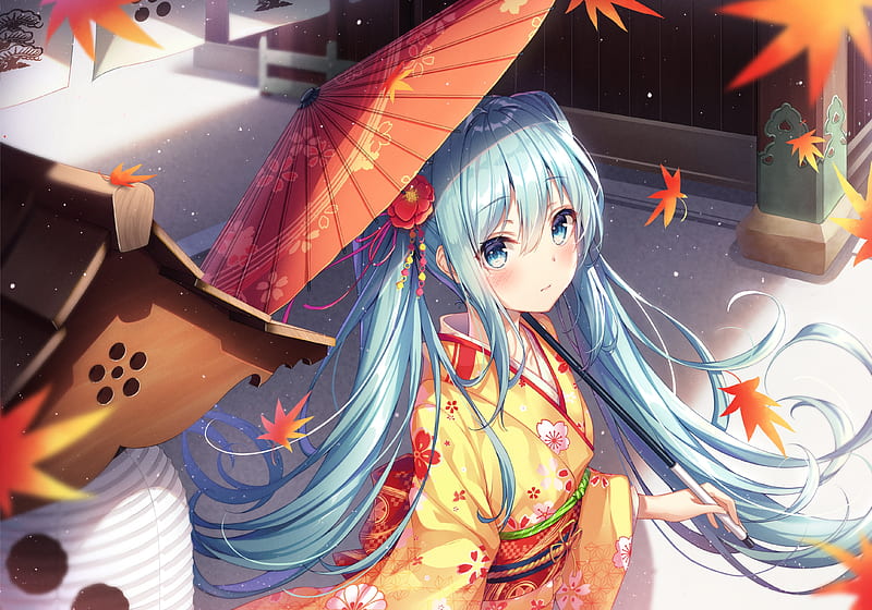vocaloid, hatsune miku, autumn, aqua hair, kimono, Anime, HD wallpaper