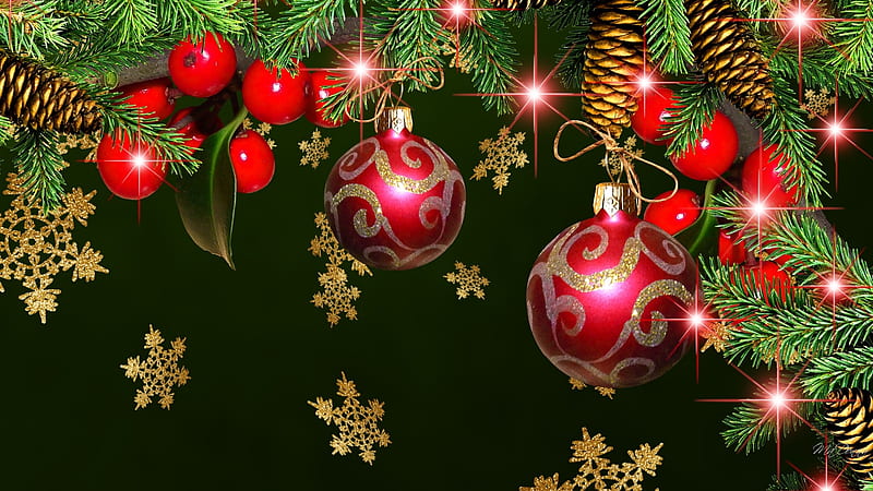 Holiday Berries and Snowflakes, fir, spruce, Firefox theme, Christmas, Feliz Navidad, holiday, cones, tree, gold, snow, berries, snowflakes, Xmas, HD wallpaper