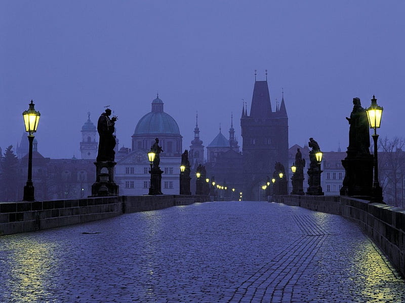 Prague, architecture, bonito, fog, lights, city, statues, arhitecture, bridge, countries, cities, blue, night, lanterns, romantic, houses, bridges, church, nature, alley, HD wallpaper