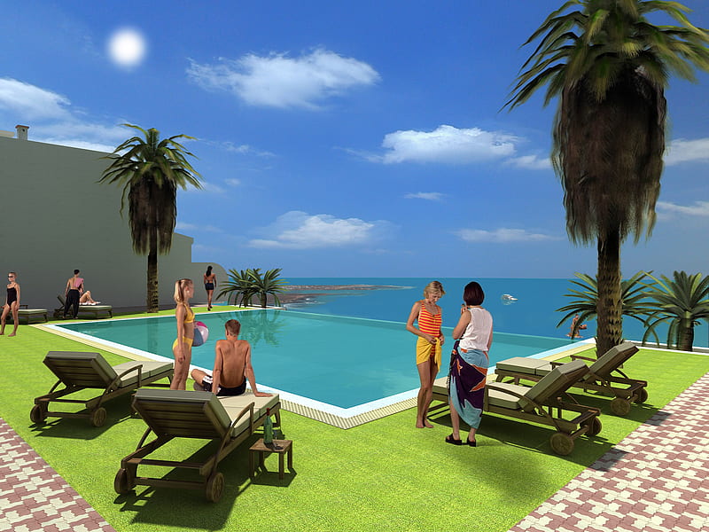Poolside View, 3d, pool, view, ocean, HD wallpaper