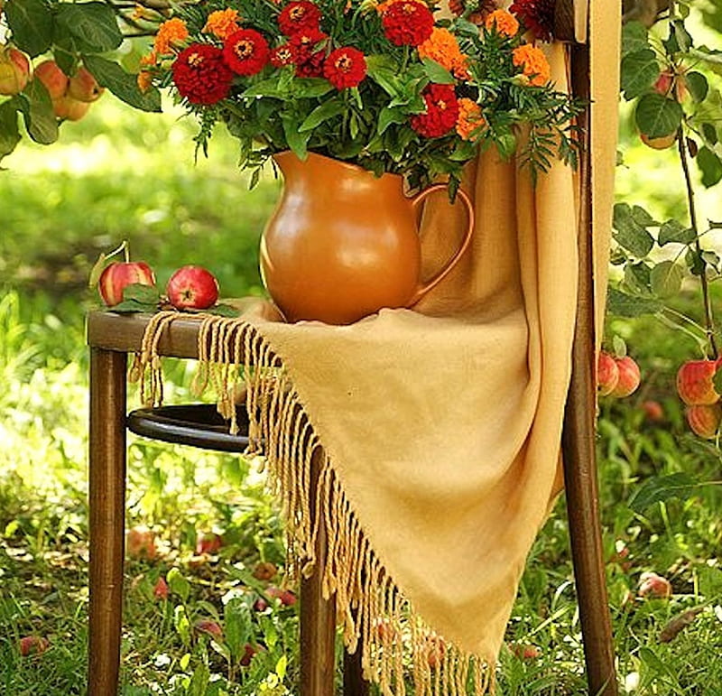 Under the Apple Tree, Apple, Chair, Tree, Flowers, HD wallpaper