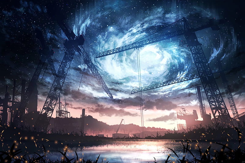 anime landscape, starry sky, scenic, construction, pond, reflection, Anime, HD wallpaper
