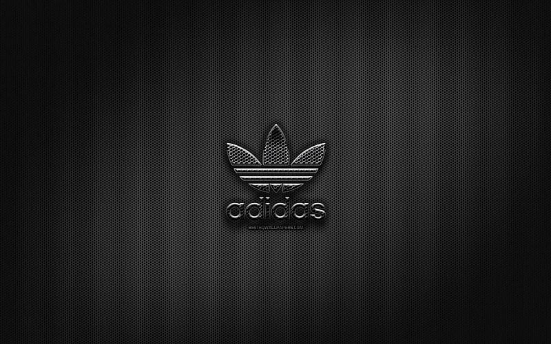 Adidas black logo, creative, metal grid background, Adidas logo, brands, Adidas, HD wallpaper