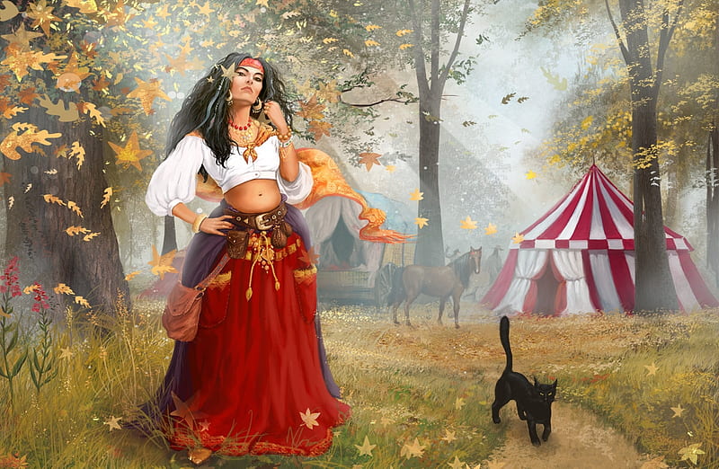Gipsy woman, red, art, gipsy, luminos, tent, sergei churbanov, horse, cort, fantasy, girl, black cat, tiganca, white, pisici, HD wallpaper