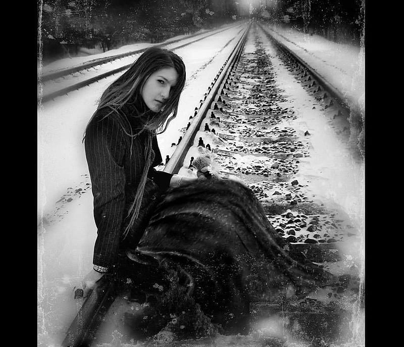 RUNAWAY TRAIN, track, railroad, train, girl, rail, dark, sad, runaway, HD wallpaper