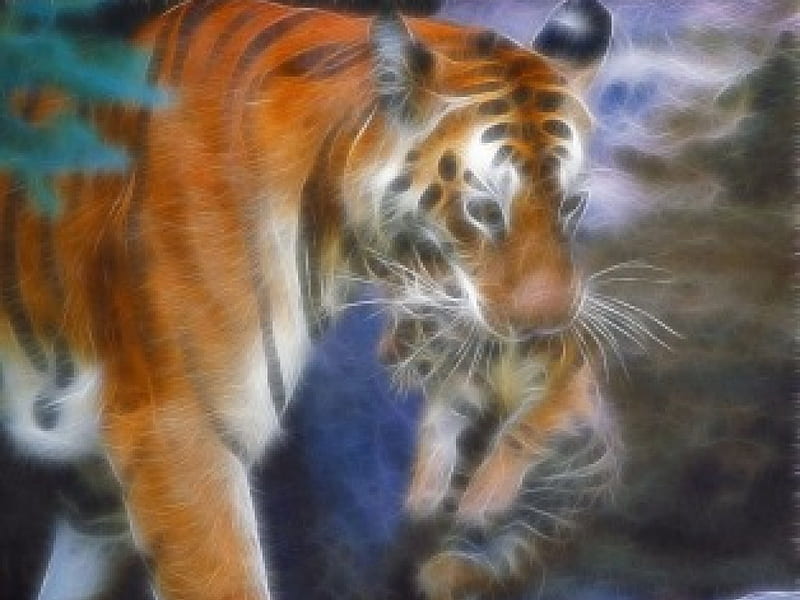 Neon Tiger with Cub, 3d, fractal cub, neon, tiger, abstract, HD wallpaper