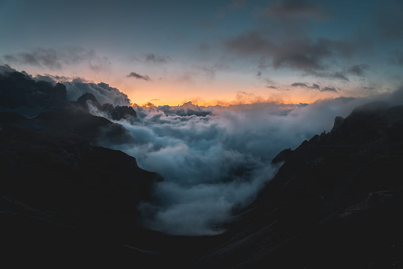 mountains, clouds, sky, smoke, height, HD wallpaper