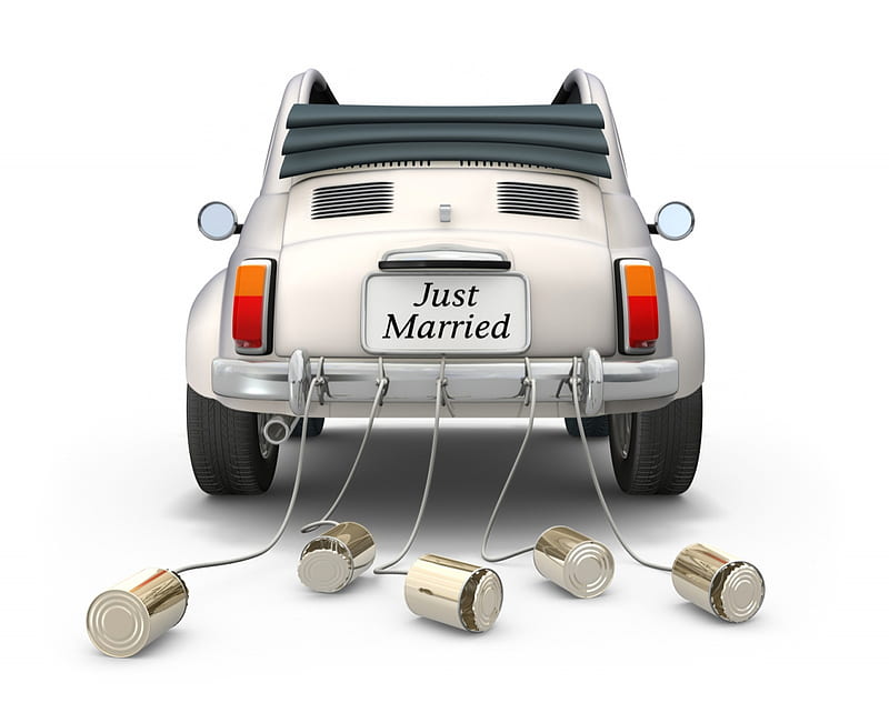 :), car, just married, funny, white, situation, HD wallpaper