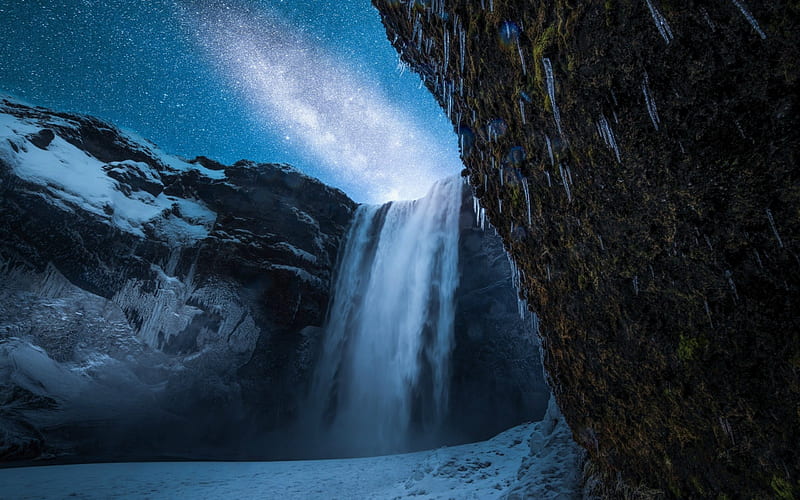 Skogafoss Waterfall Under the Milky Way, Iceland, milky way, waterfall, nature, iceland, HD wallpaper