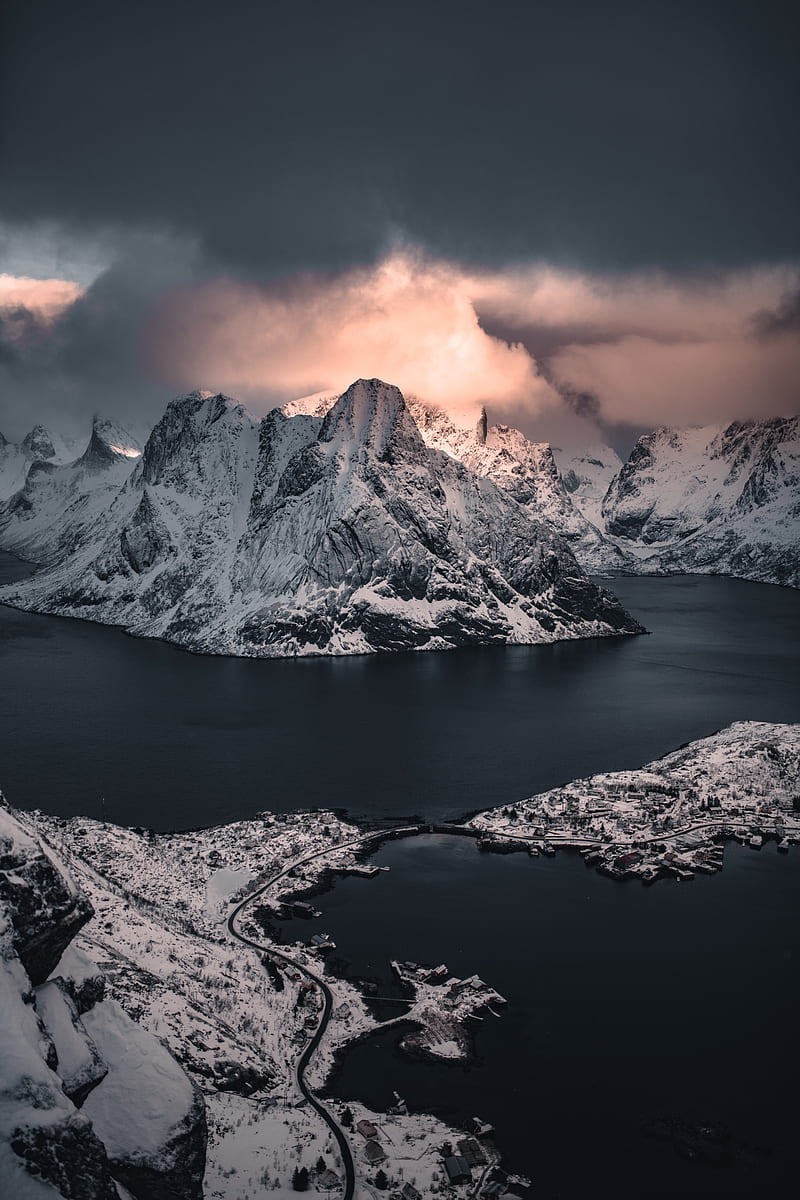 mountains, snowy, lake, road, HD phone wallpaper